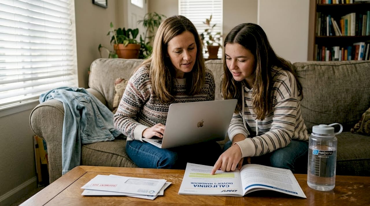 Family reviewing auto insurance in living room