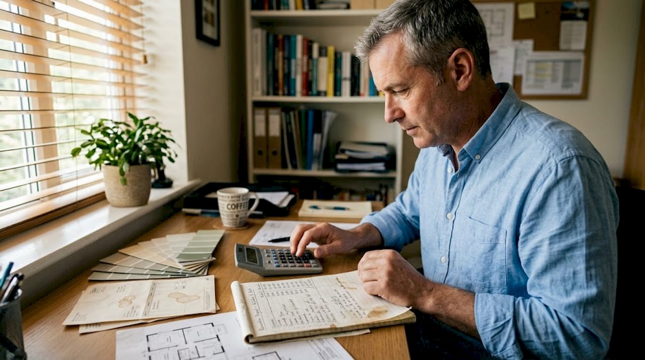 Homeowner calculating insurance coverage at desk