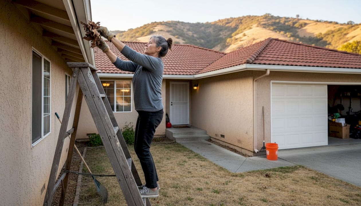 Homeowner clearing gutters to reduce fire risk