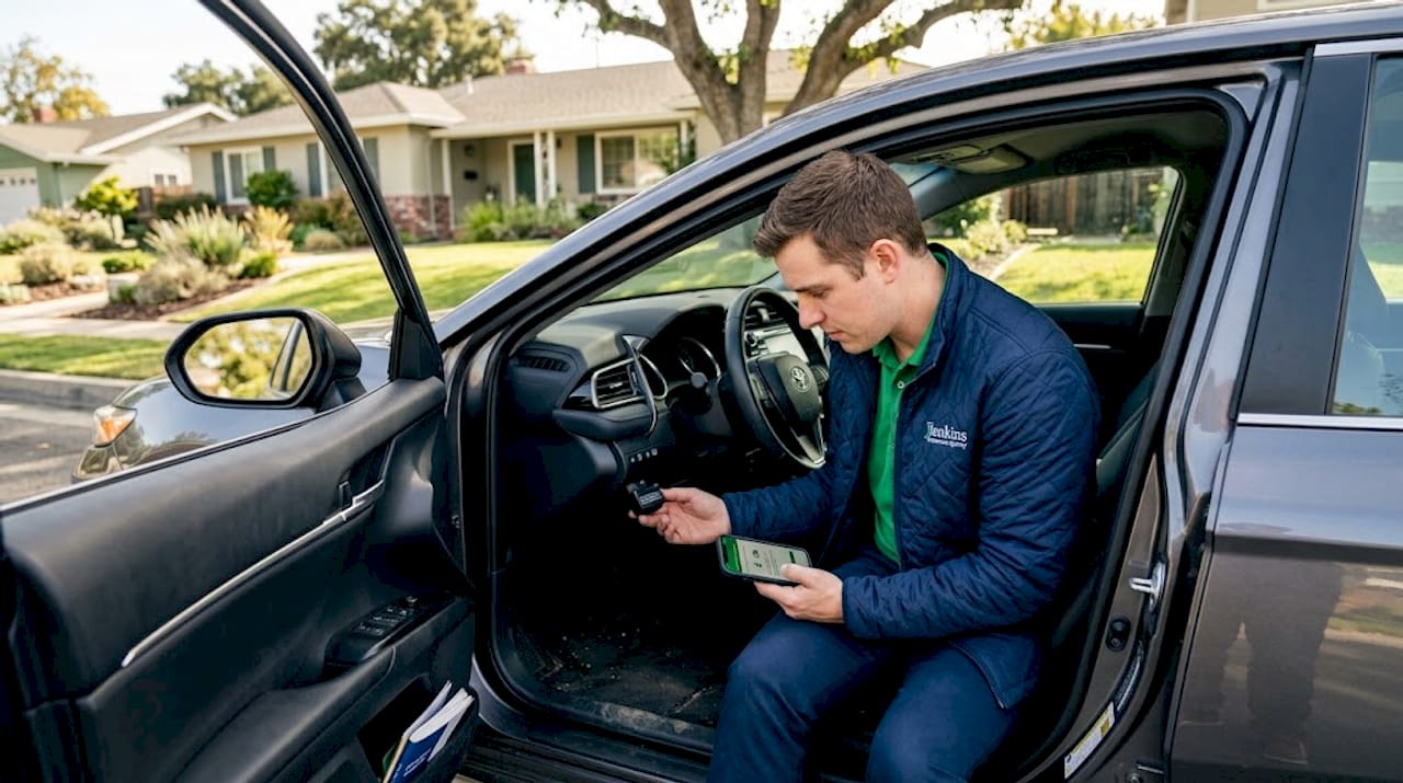 Driver installing telematics device in car