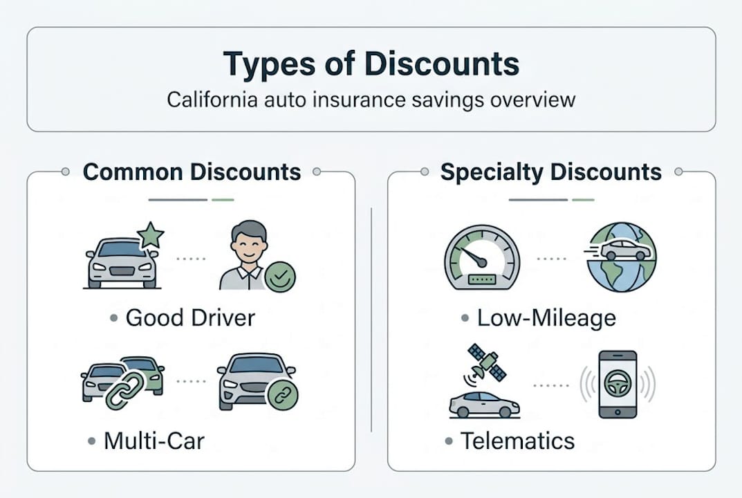 Infographic showing common and specialty auto insurance discounts
