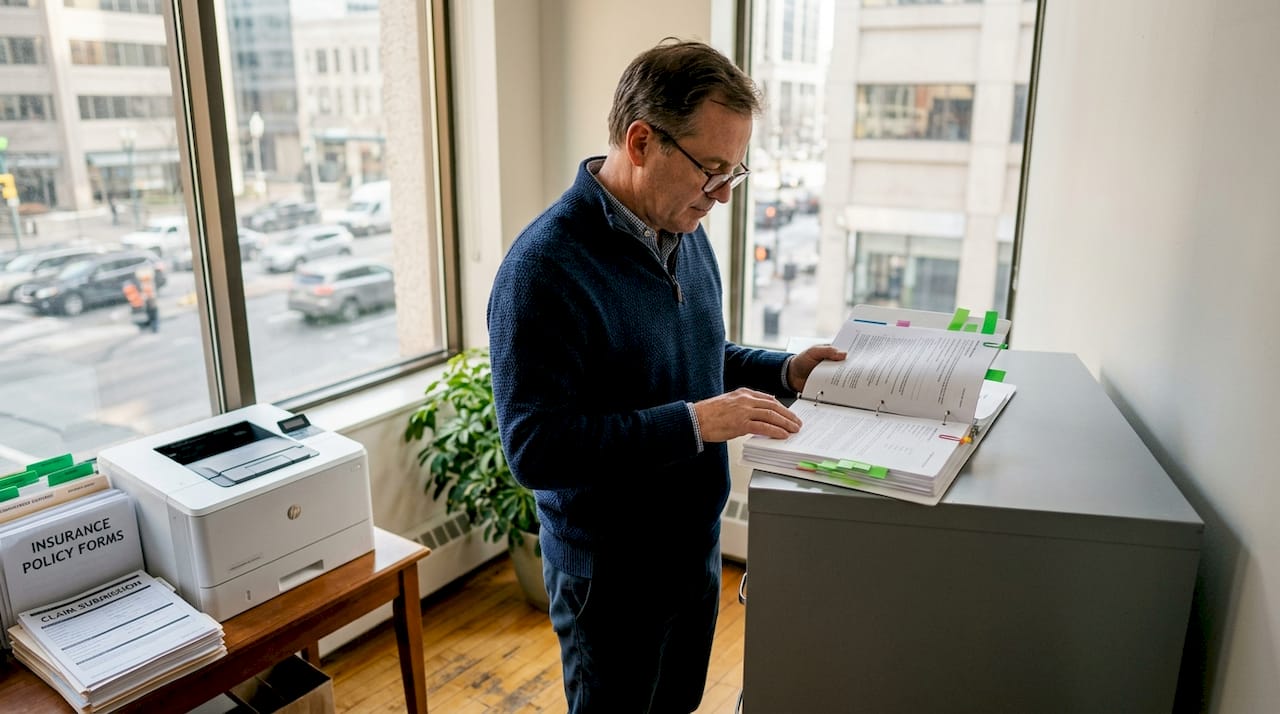 Office manager reviewing insurance paperwork