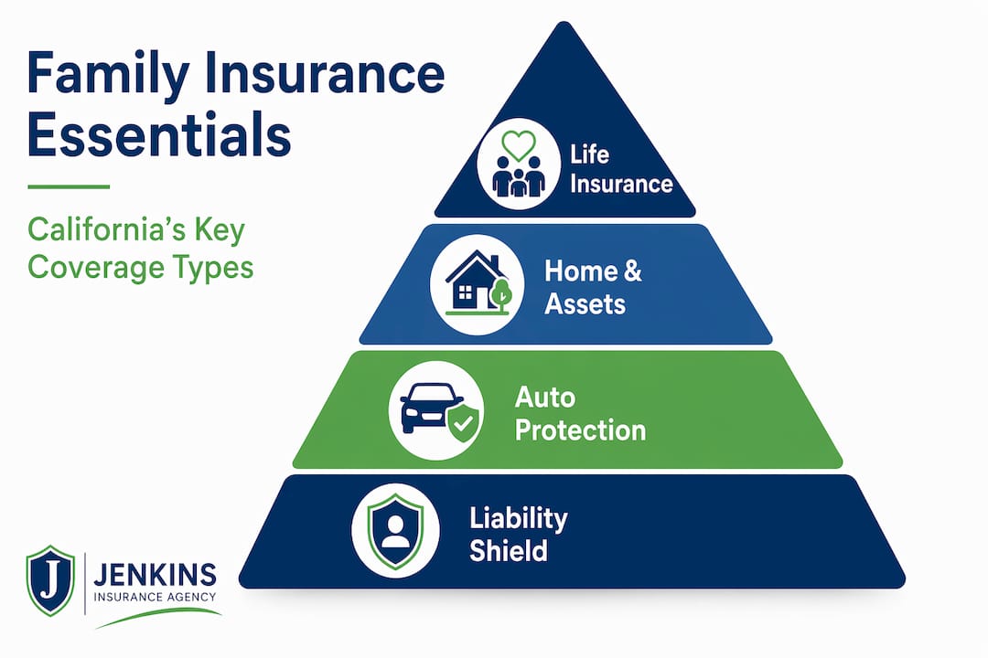 Pyramid infographic showing core California family insurance types