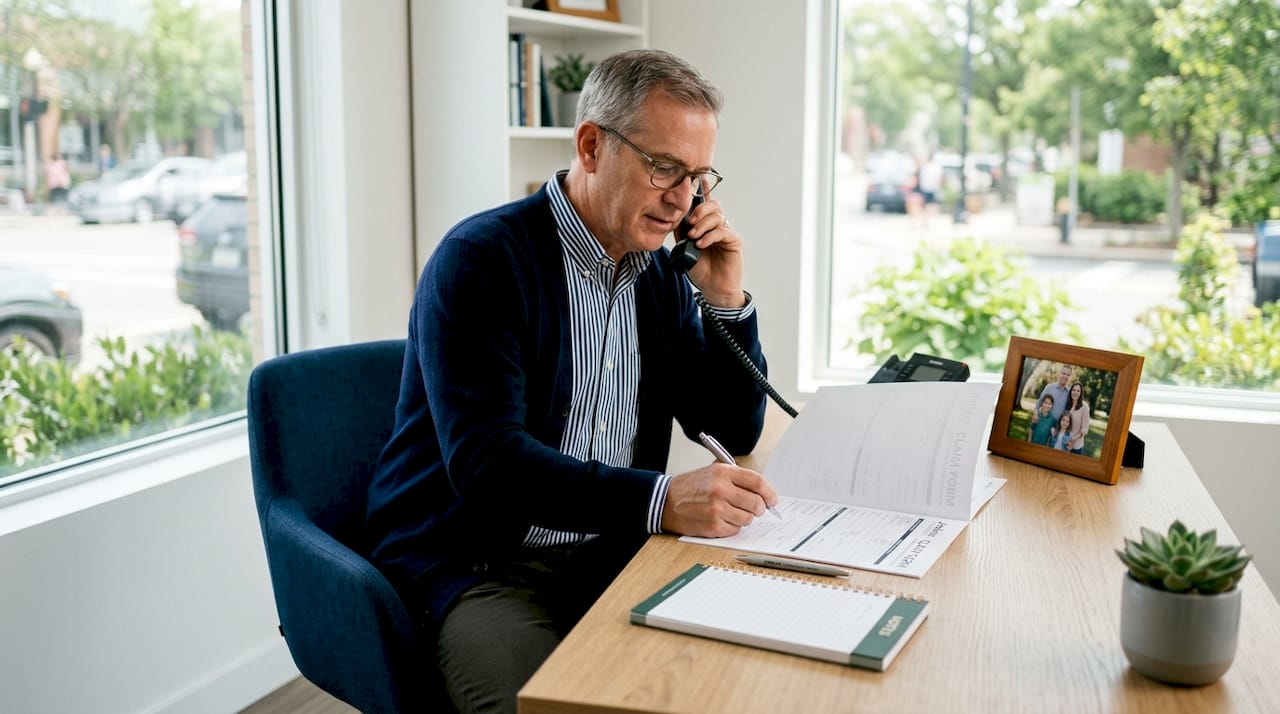 Local agent handling client insurance claim paperwork