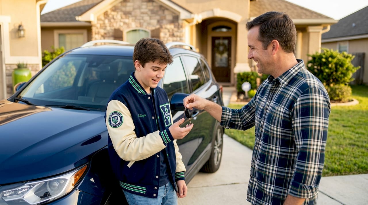 Teen receiving car keys from parent in driveway