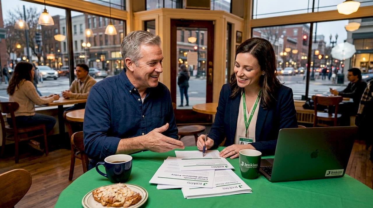 Business owner and agent review insurance paperwork in office