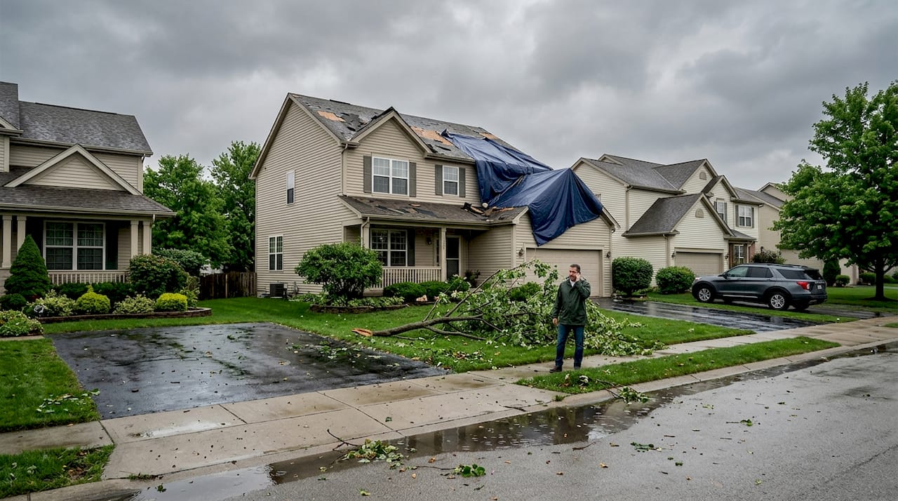 Storm damaged house with debris in yard