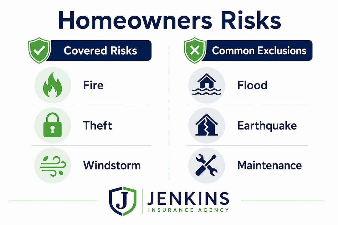 Infographic showing covered risks and common exclusions in homeowners insurance