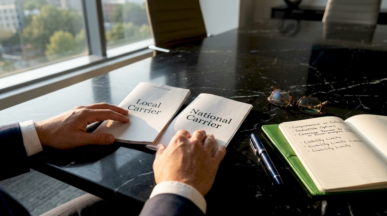 Hands comparing local and national insurance contracts