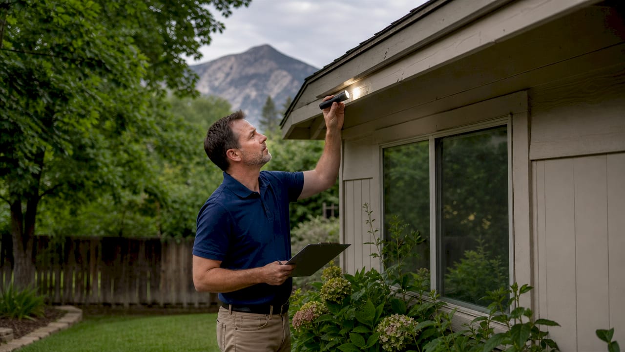 Home inspector assessing roof wildfire risk