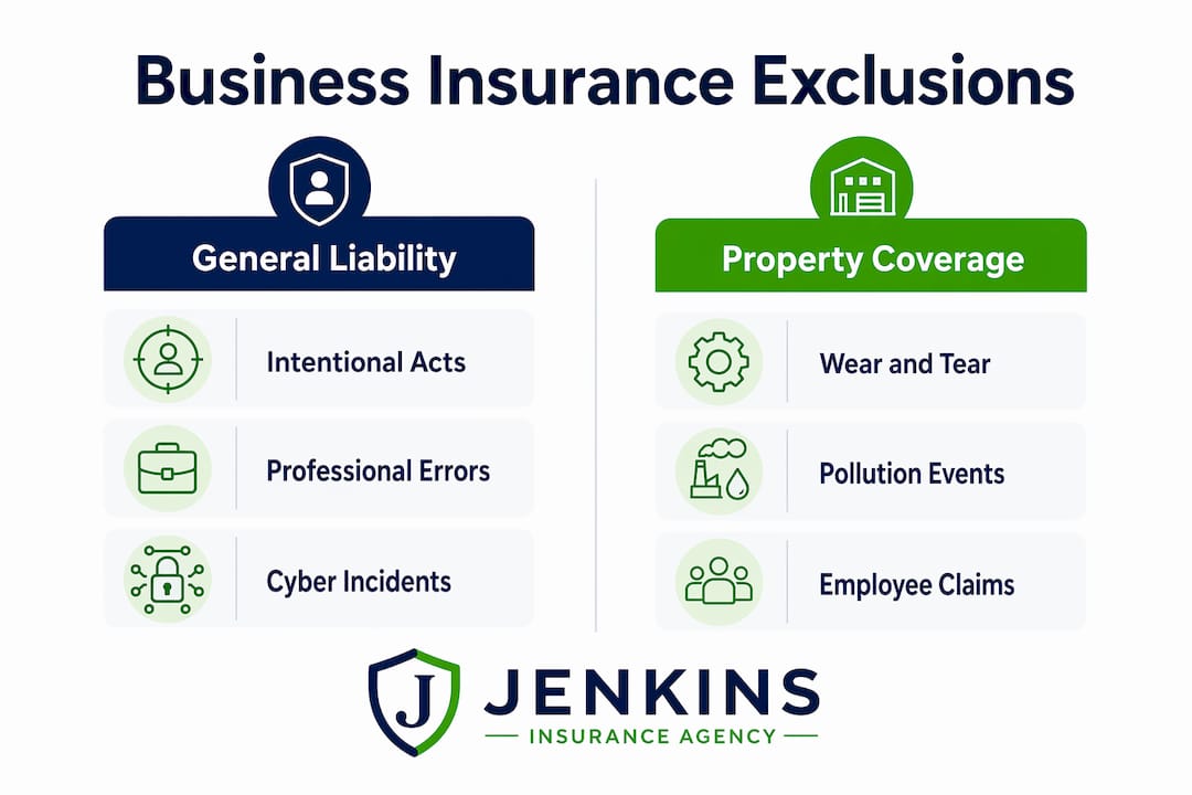 Infographic comparing general liability and property coverage exclusions