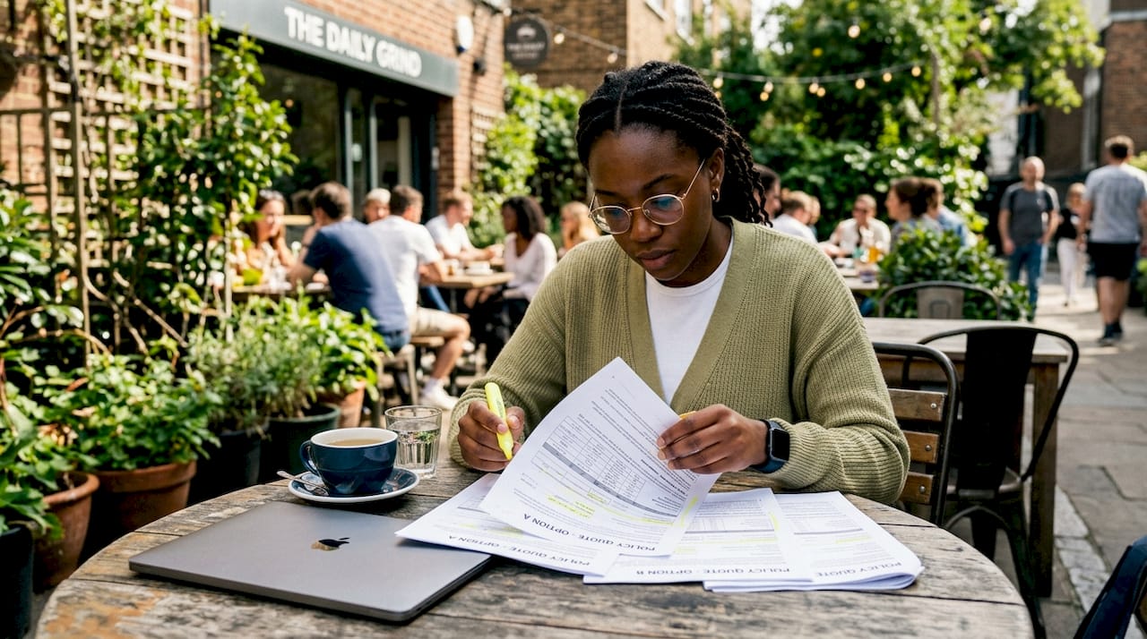 Entrepreneur comparing printed insurance quotes at home