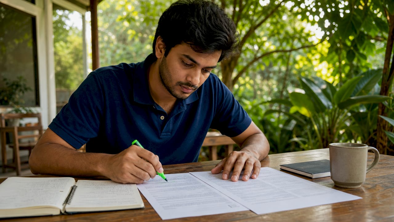 Man comparing insurance policy documents at desk