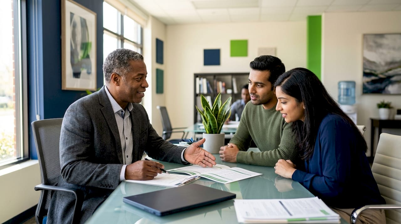 Insurance agent consulting couple in office