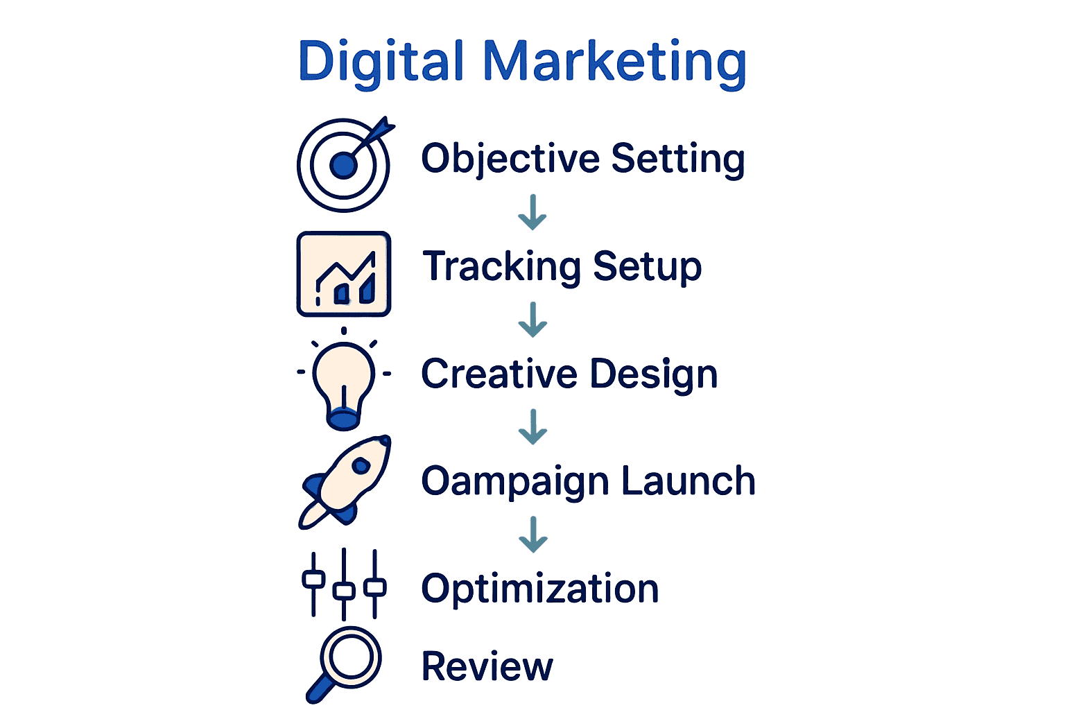 Infographic of six-step digital marketing workflow summary
