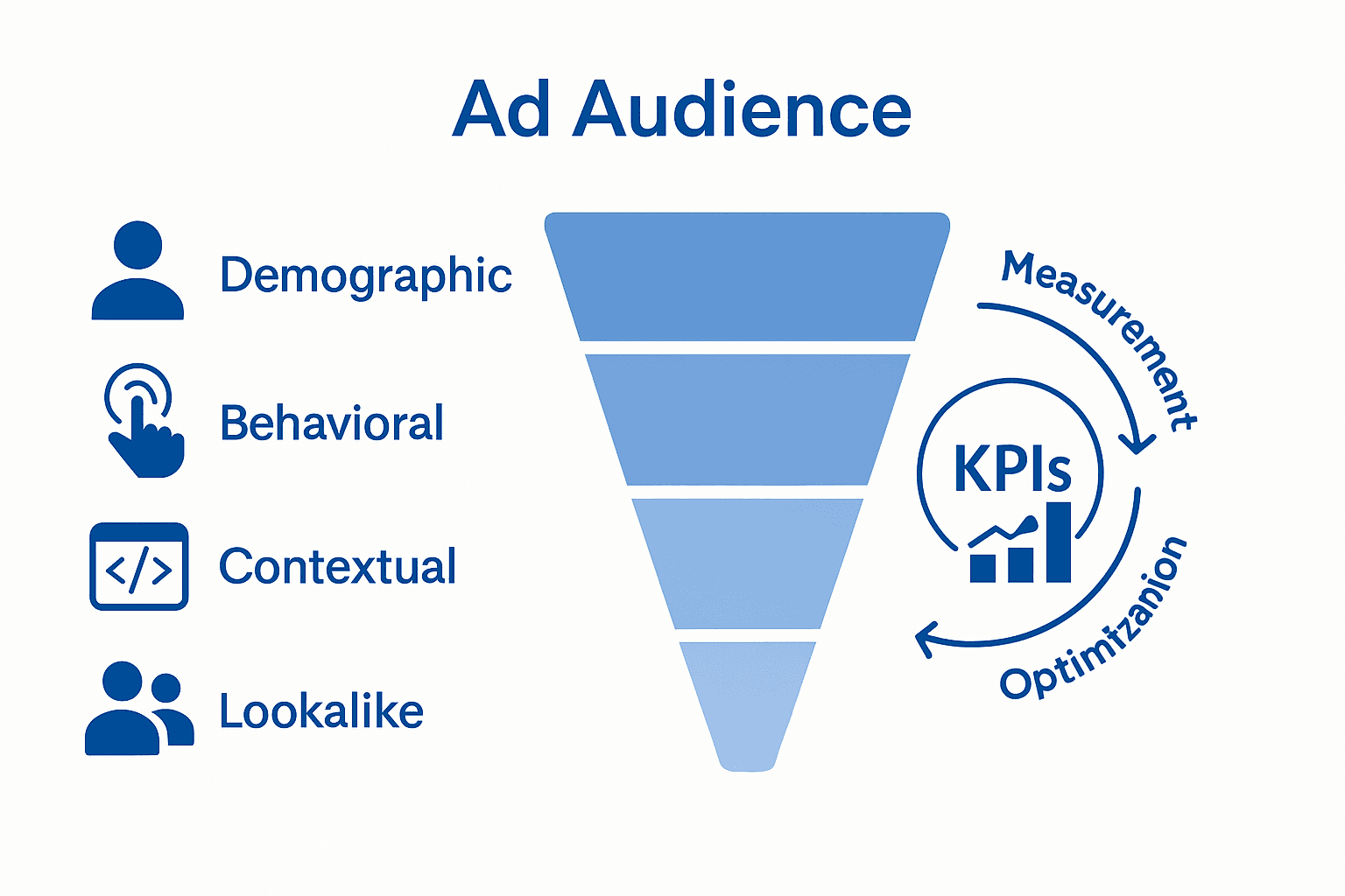 Infographic showing digital ad targeting methods and KPI measurement process