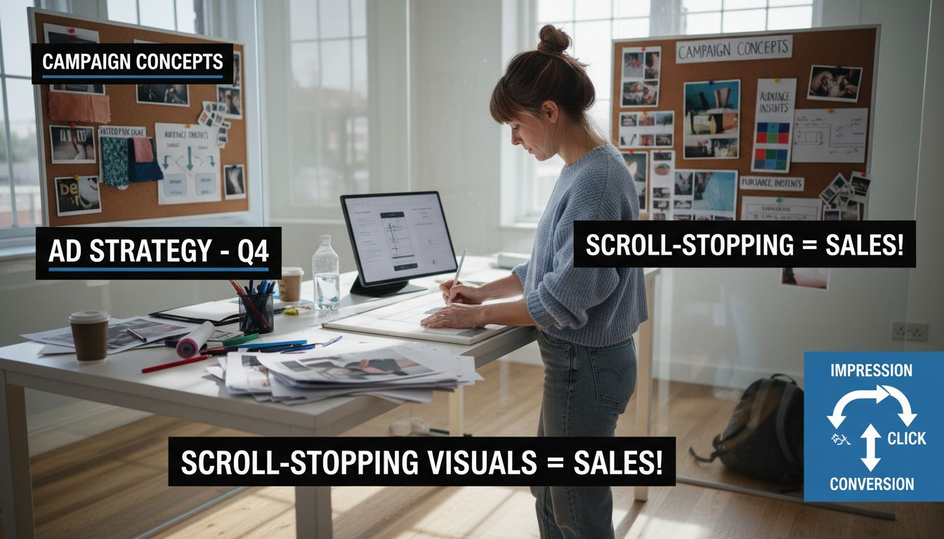 Designer sketching Facebook ad layouts