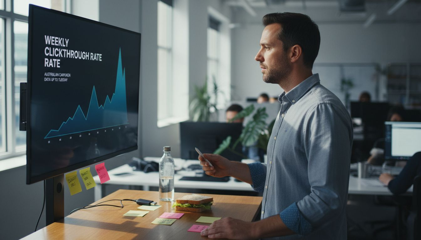 Marketer checks campaign analytics on monitor