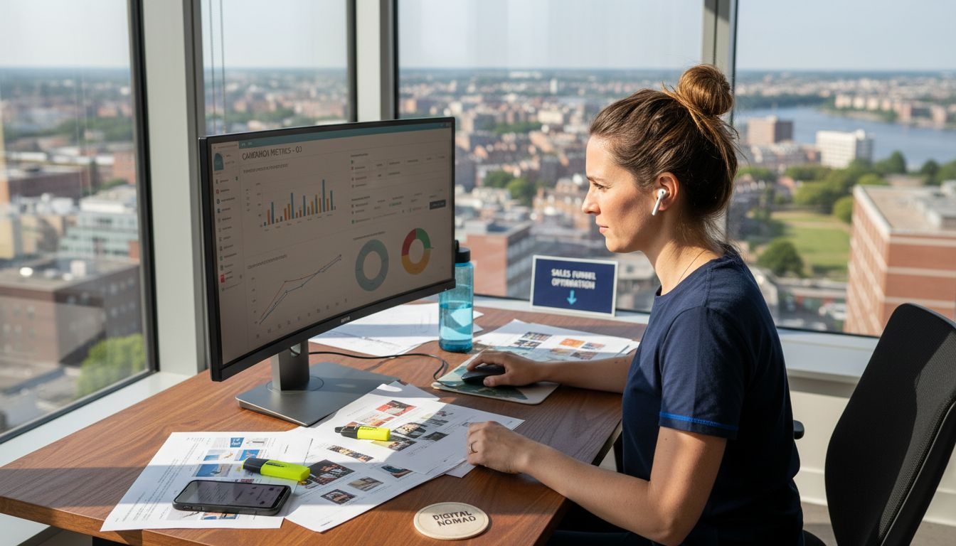 Marketer analyzing ad targeting metrics in office