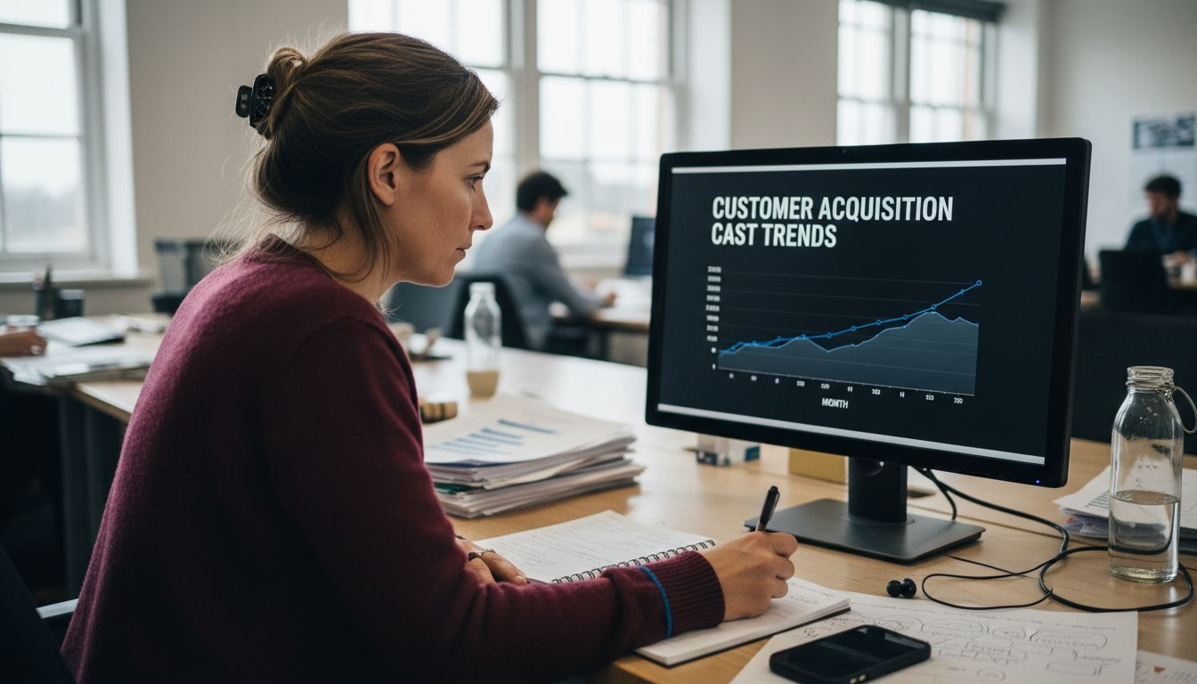 Woman analyzing customer acquisition charts at desk