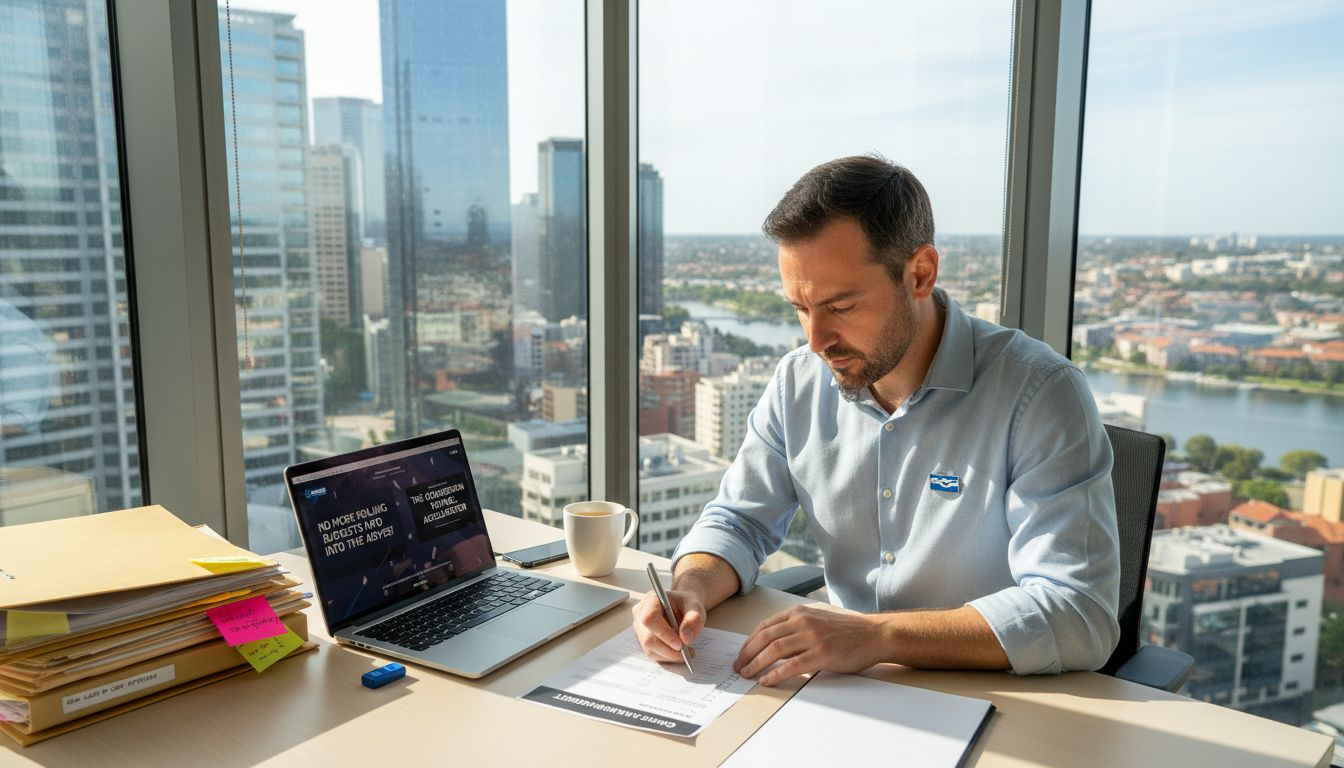Marketer reviewing online advertising checklist at desk