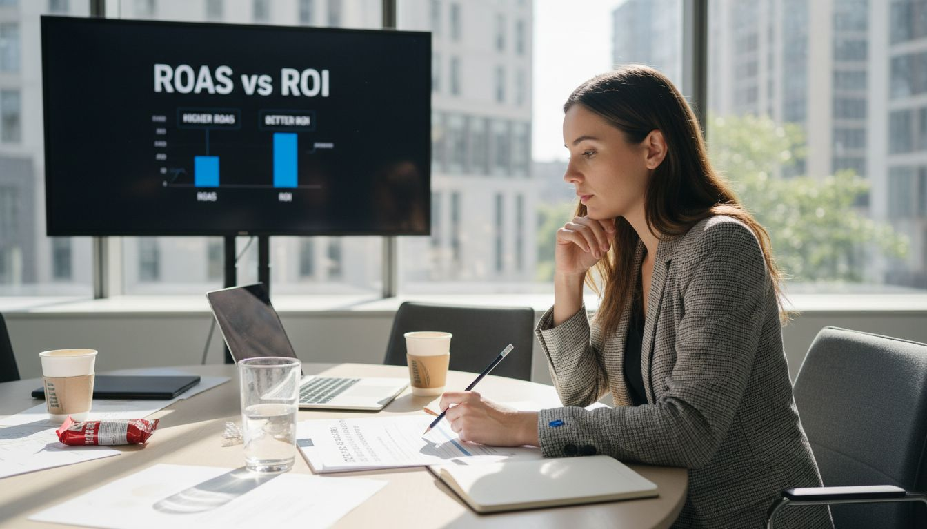 Analyst reviewing ROAS versus ROI formulas