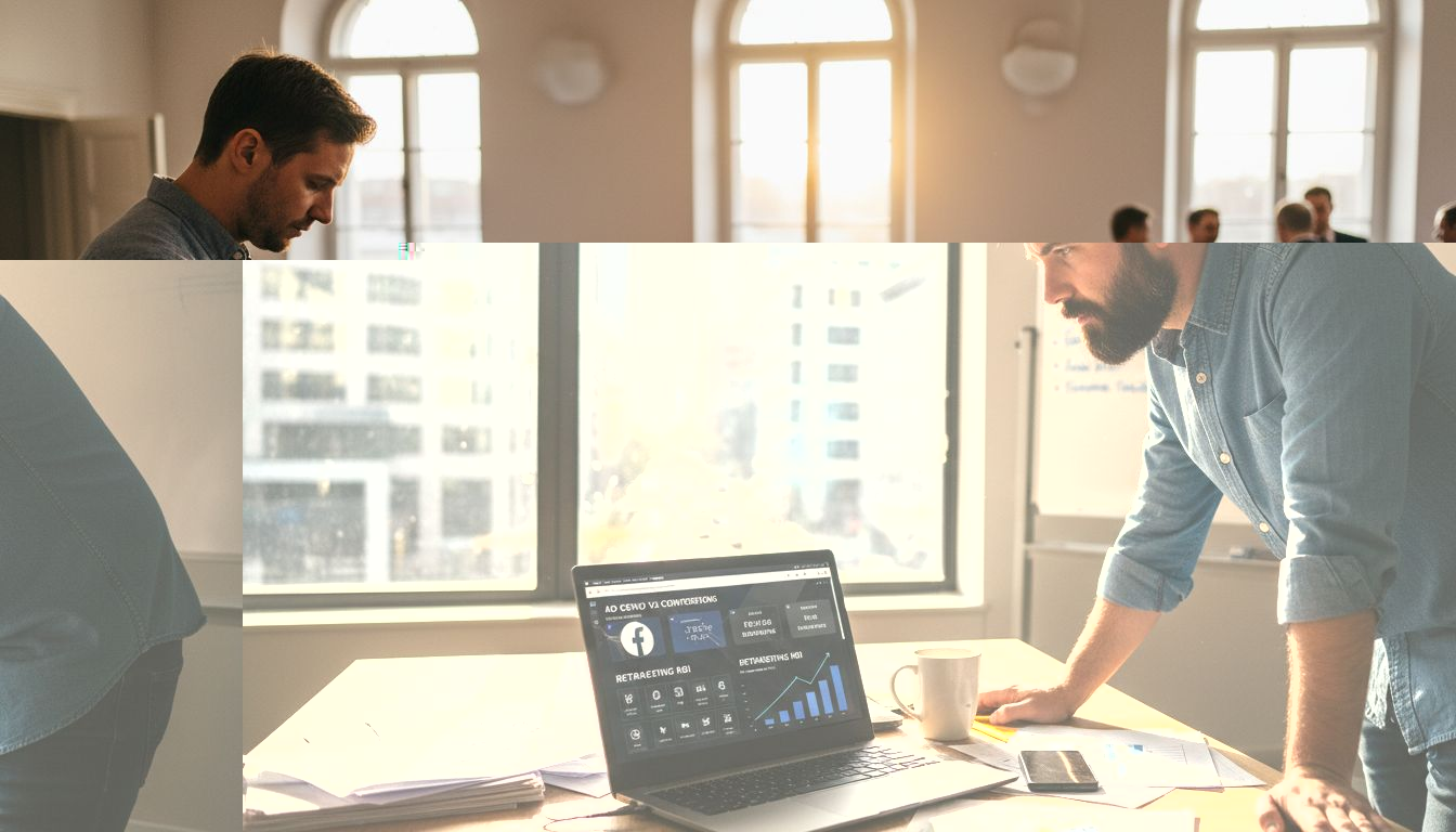 Marketer analyzing retargeting strategy in busy office