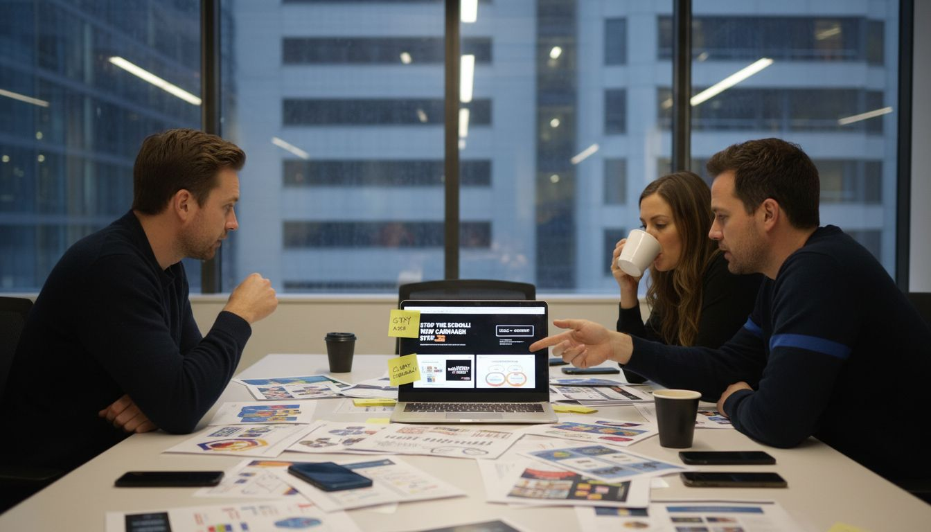 Creative team reviewing social ad campaigns