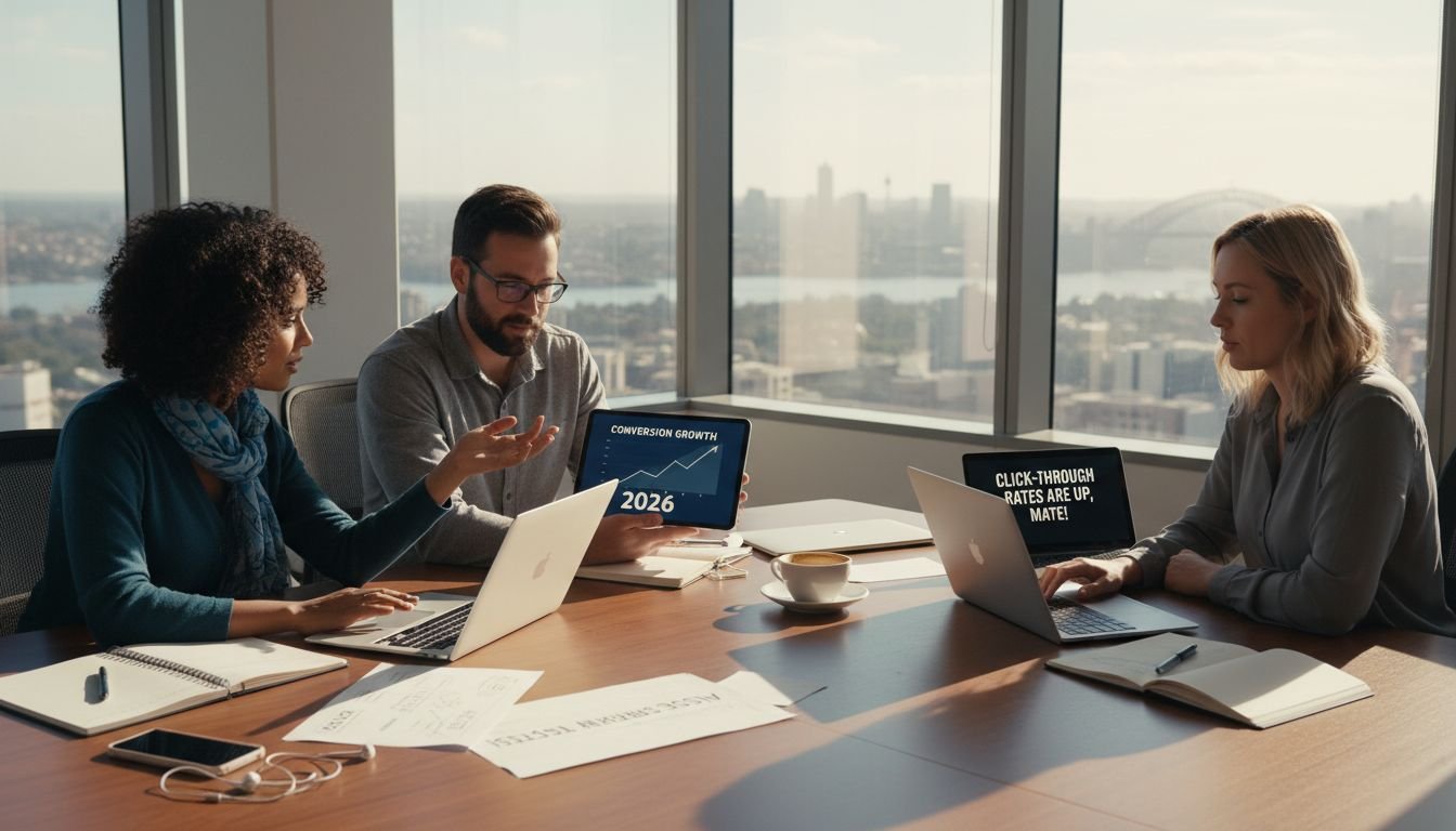 Digital marketers collaborating in bright corner office