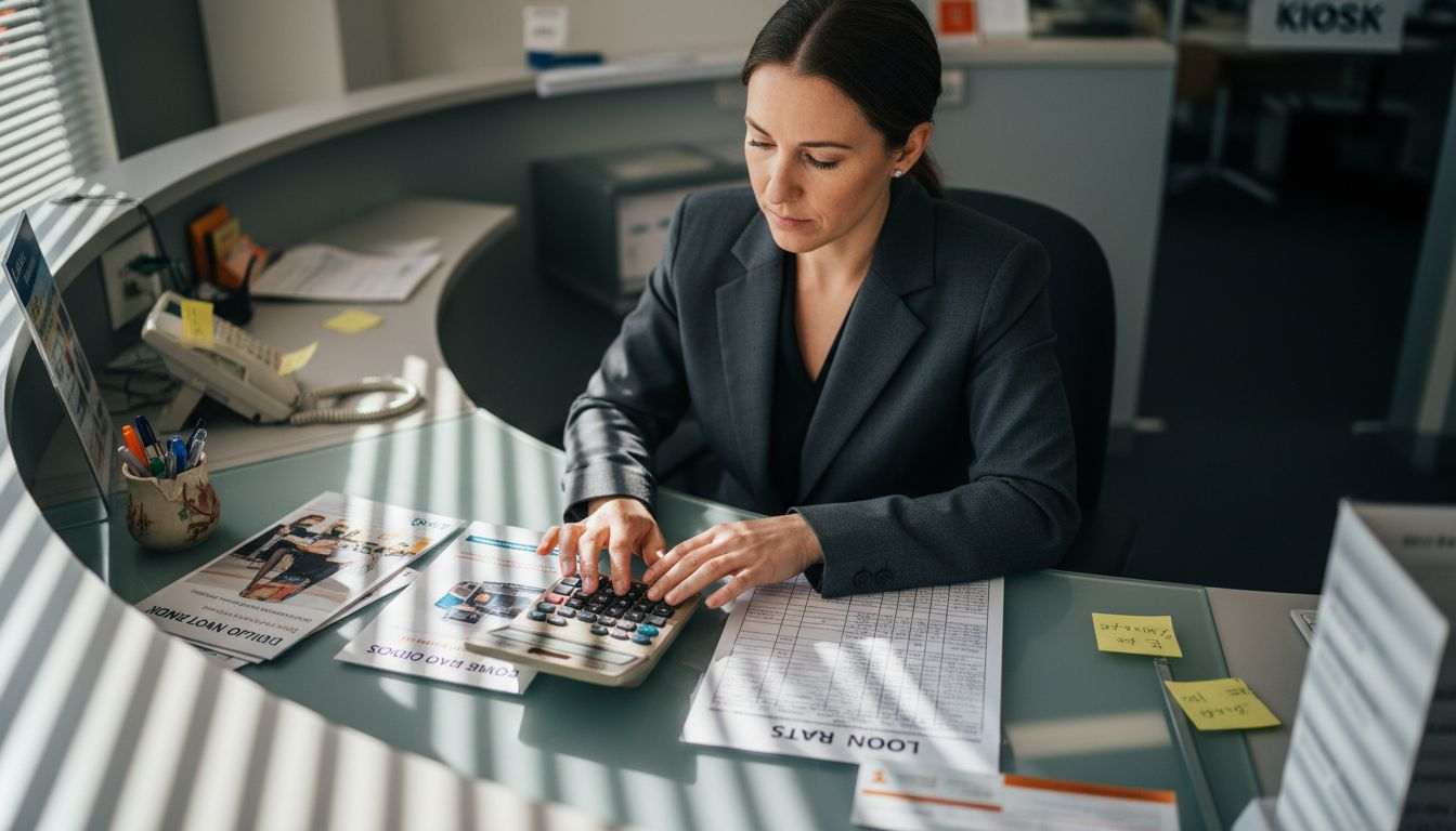 Bank employee calculating rate change for clients
