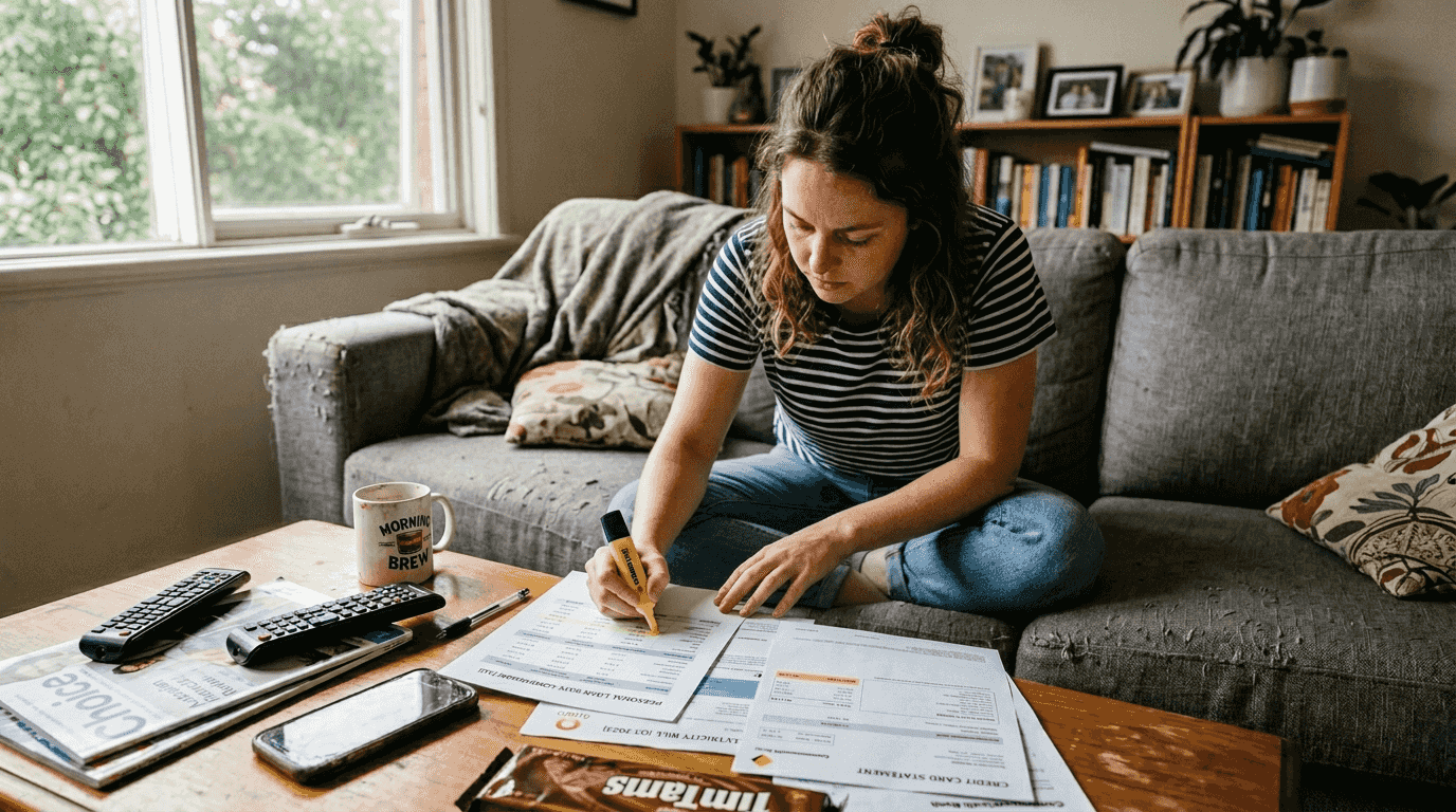 Young woman compares loan rates in living room