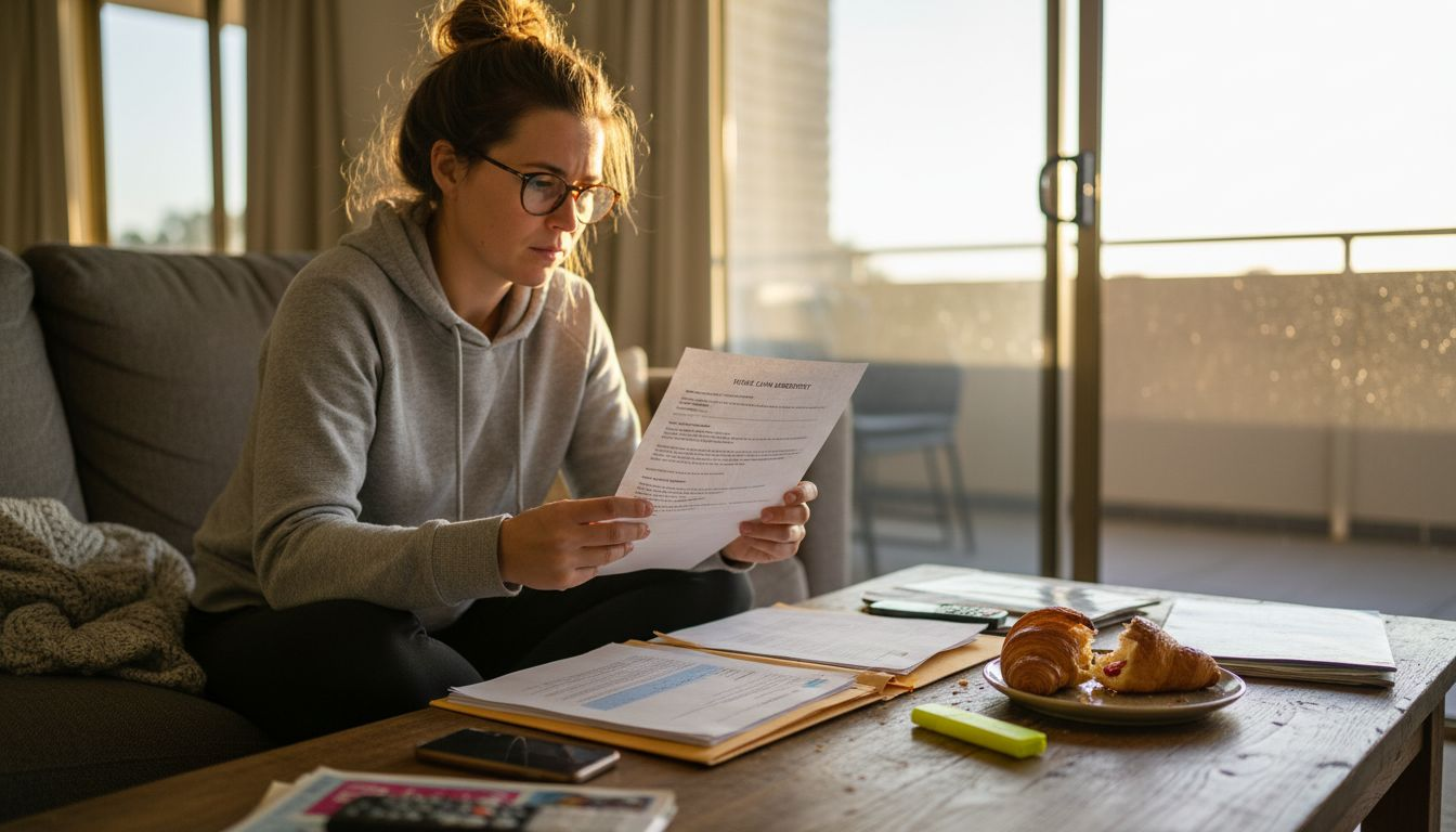 Woman reading loan contract on couch