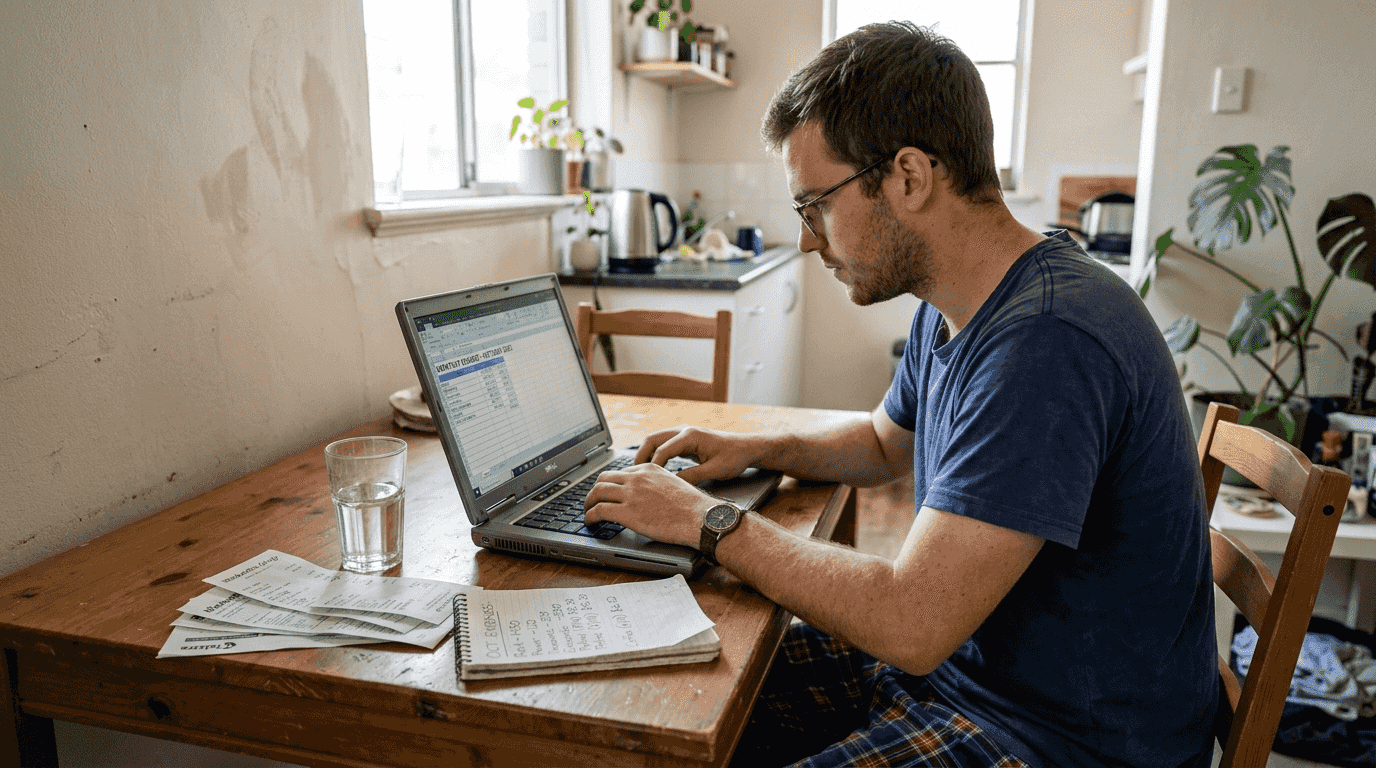 Man budgeting at cluttered apartment table