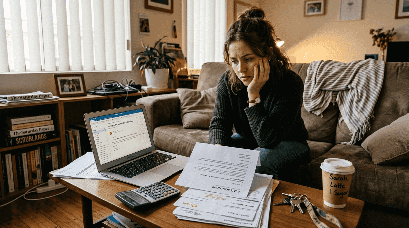 Woman considering loan risks with paperwork at home