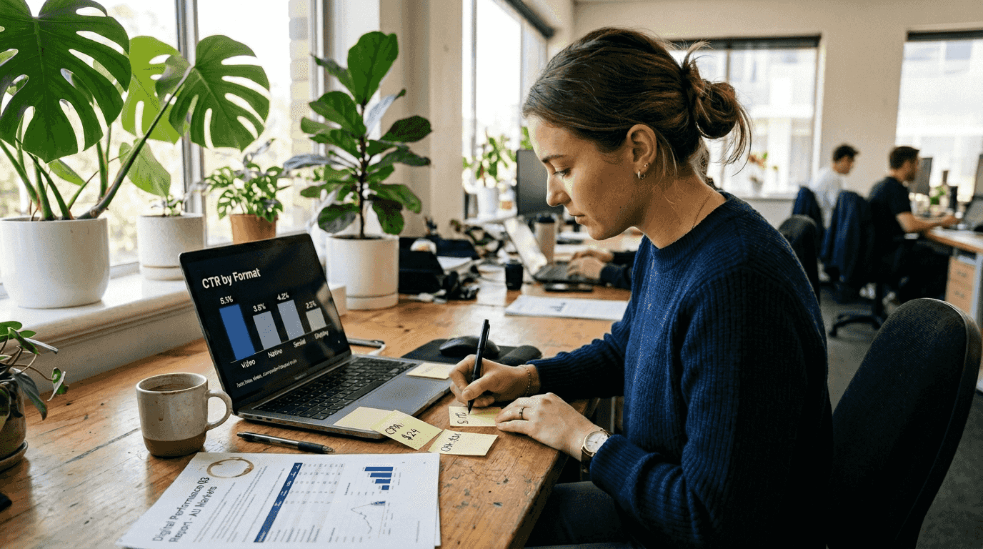 Worker noting CTR metrics in office