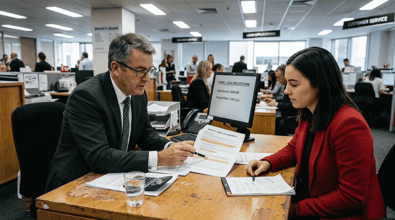 Banker explains home loan fees to young customer