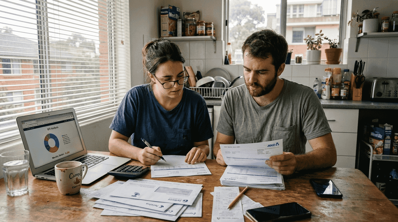 Couple calculating debt-to-income ratio at home