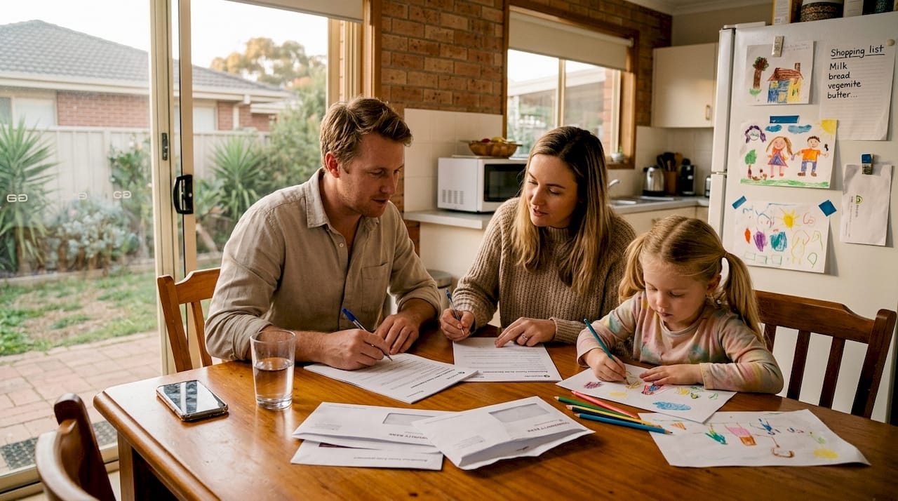 Family signing home loan documents at kitchen table