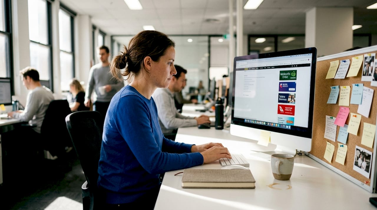 Marketing professional reviewing display ads on screen