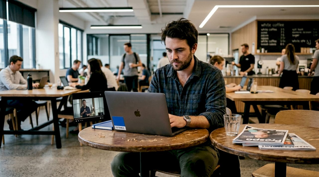 Man viewing video ad in busy office
