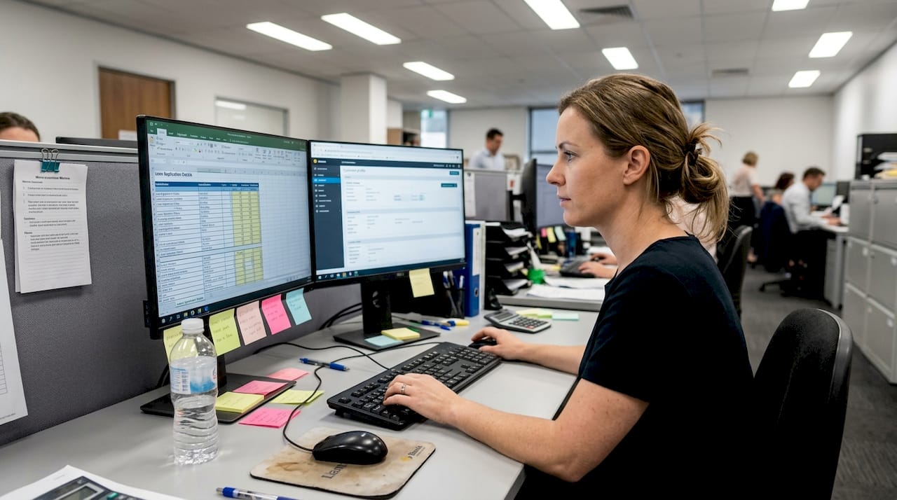 Loan officer verifies documents in shared office