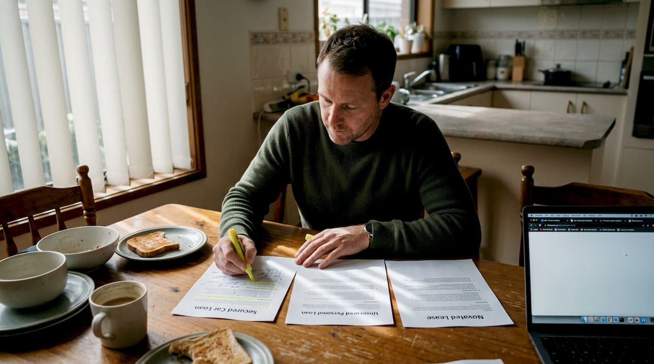 Man comparing types of car loans at home