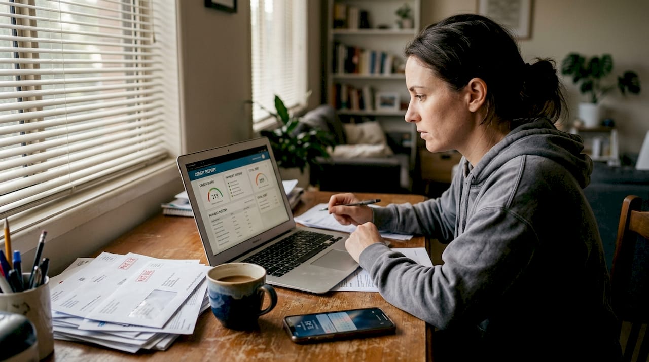 Woman checking credit report at desk
