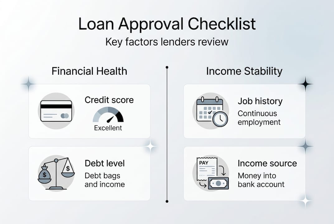 Loan approval checklist infographic with main criteria