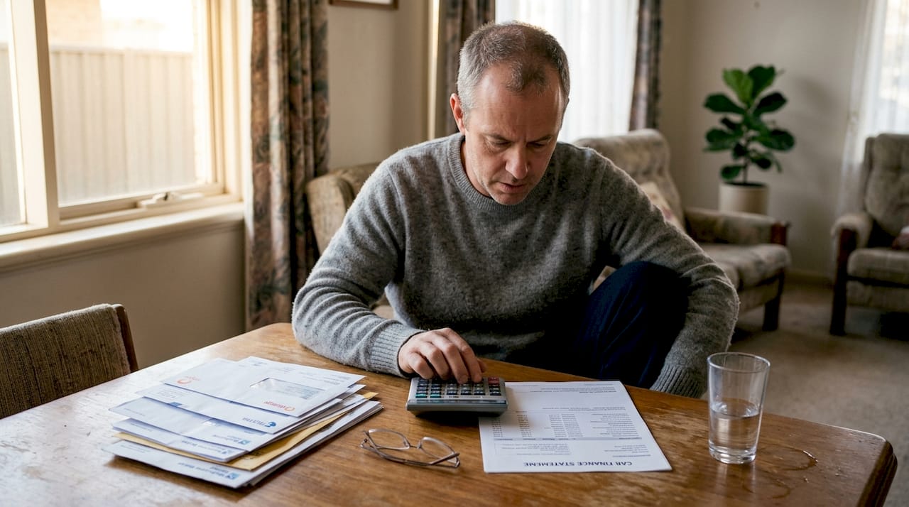 Man calculating car loan repayment at home