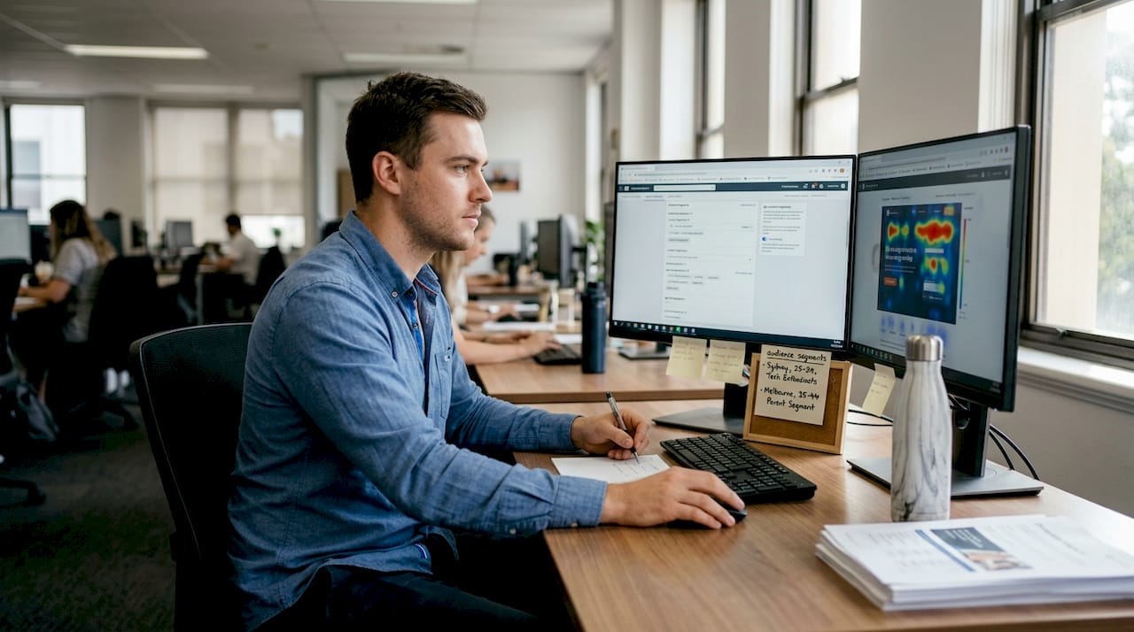 Marketer reviewing digital ad targeting dashboard