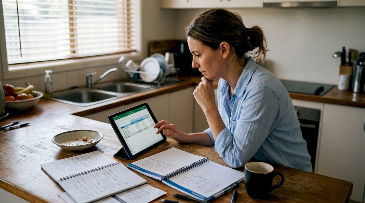 Marketer reviewing ad budget at kitchen counter
