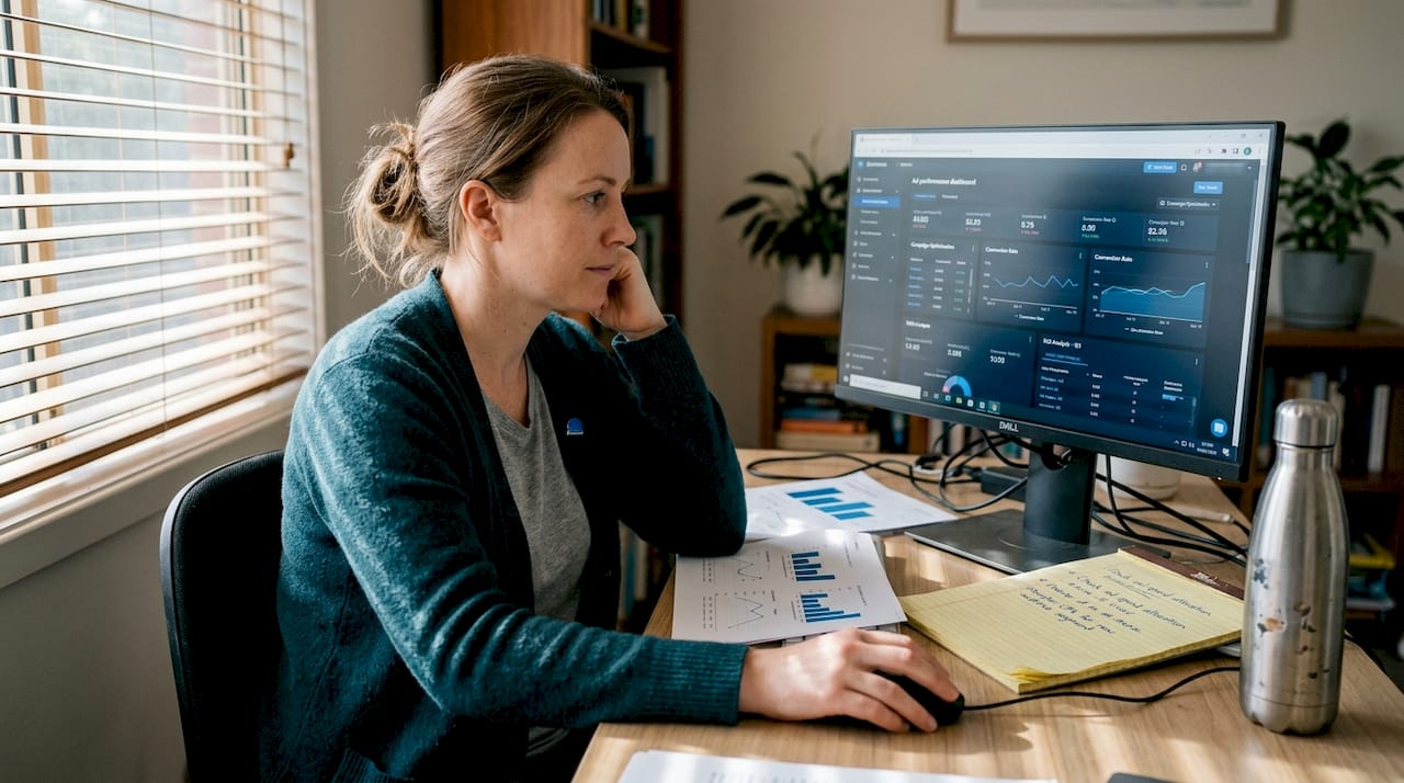 Marketer reviews ad metrics at cluttered home office desk