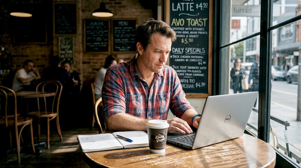 Small business owner checking ad results in café