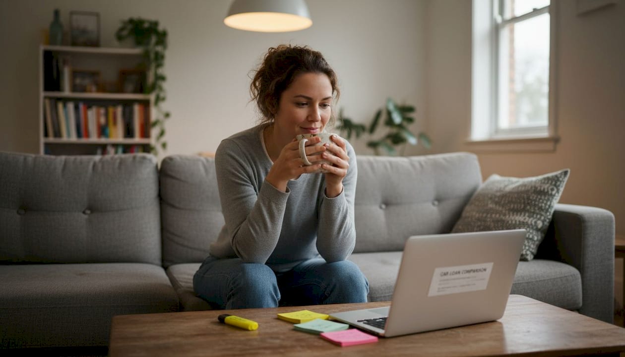 Woman at home comparing car loan terms